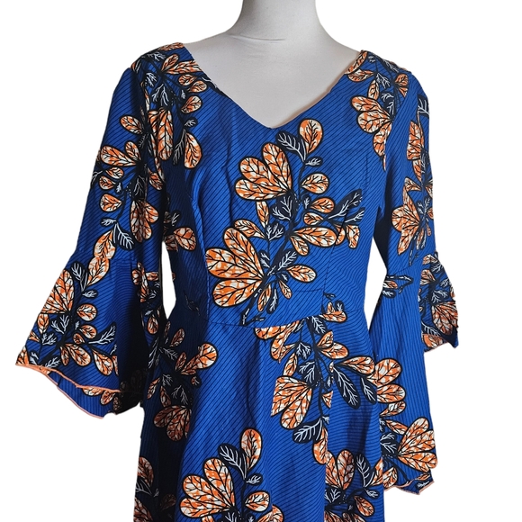 Blue African Ankara Print Dress Sz Large ? Bell Sleeve Hi Low Hem Wedding Party - Picture 6 of 16